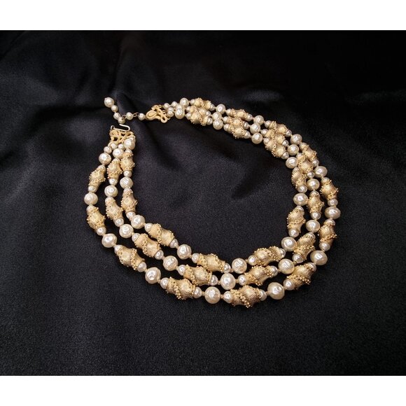 Vintage Trifari Gold-Tone & Pearl 3-Strand Necklace Elegant Statement Jewelry - Picture 3 of 5